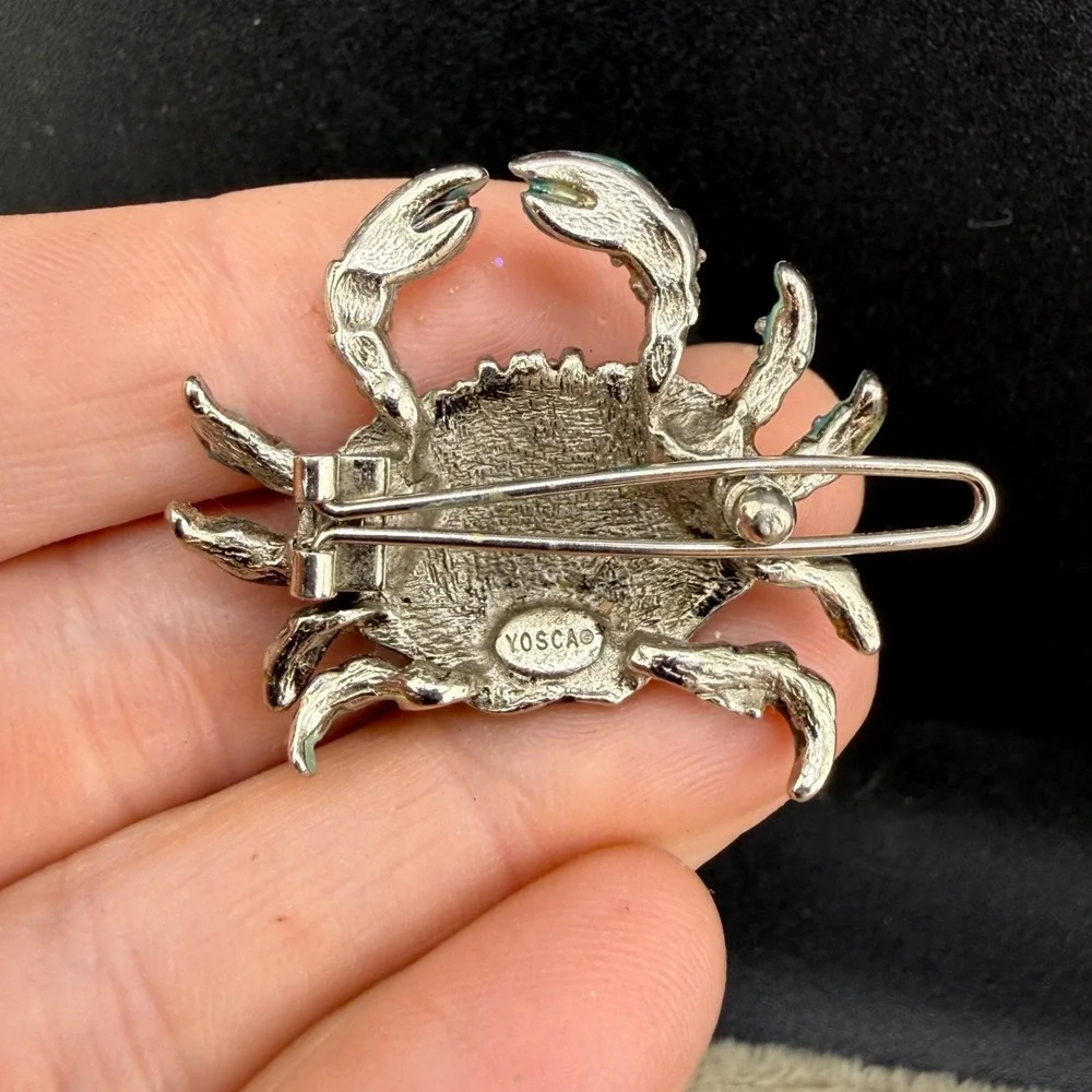 Vintage Yosca Crab Hair Clip Blue Enamel Rhinestone Animal Silver Tone